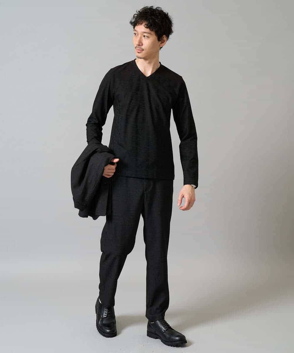 KHKJA73044 a.v.v MEN(アー・ヴェ・ヴェ) 【ジャケット映え】針抜きジャカードＶネックＴシャツ【洗濯機で洗える/毛玉になりにくい】通勤/ビジネス/ジャケット〈ON/OFF SERIES〉 ブラック
