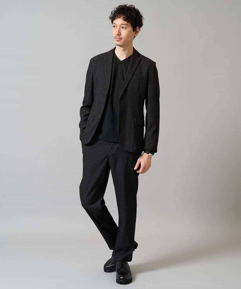 KHKJA73044 a.v.v MEN(アー・ヴェ・ヴェ) 【ジャケット映え】針抜きジャカードＶネックＴシャツ【洗濯機で洗える/毛玉になりにくい】通勤/ビジネス/ジャケット〈ON/OFF SERIES〉 ブラック