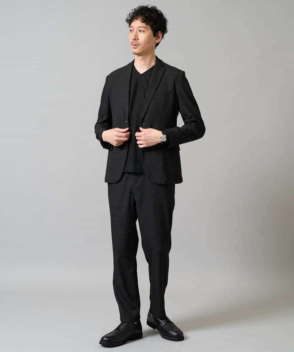 KHKJA73044 a.v.v MEN(アー・ヴェ・ヴェ) 【ジャケット映え】針抜きジャカードＶネックＴシャツ【洗濯機で洗える/毛玉になりにくい】通勤/ビジネス/ジャケット〈ON/OFF SERIES〉 ブラック