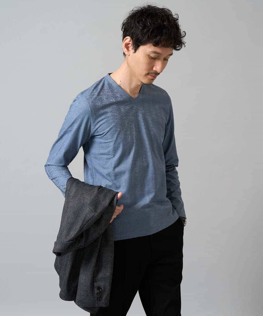 KHKJA73044 a.v.v MEN(アー・ヴェ・ヴェ) 【ジャケット映え】針抜きジャカードＶネックＴシャツ【洗濯機で洗える/毛玉になりにくい】通勤/ビジネス/ジャケット〈ON/OFF SERIES〉 ブラック