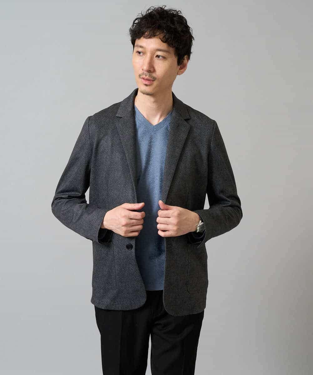 KHKJA73044 a.v.v MEN(アー・ヴェ・ヴェ) 【ジャケット映え】針抜きジャカードＶネックＴシャツ【洗濯機で洗える/毛玉になりにくい】通勤/ビジネス/ジャケット〈ON/OFF SERIES〉 ブラック