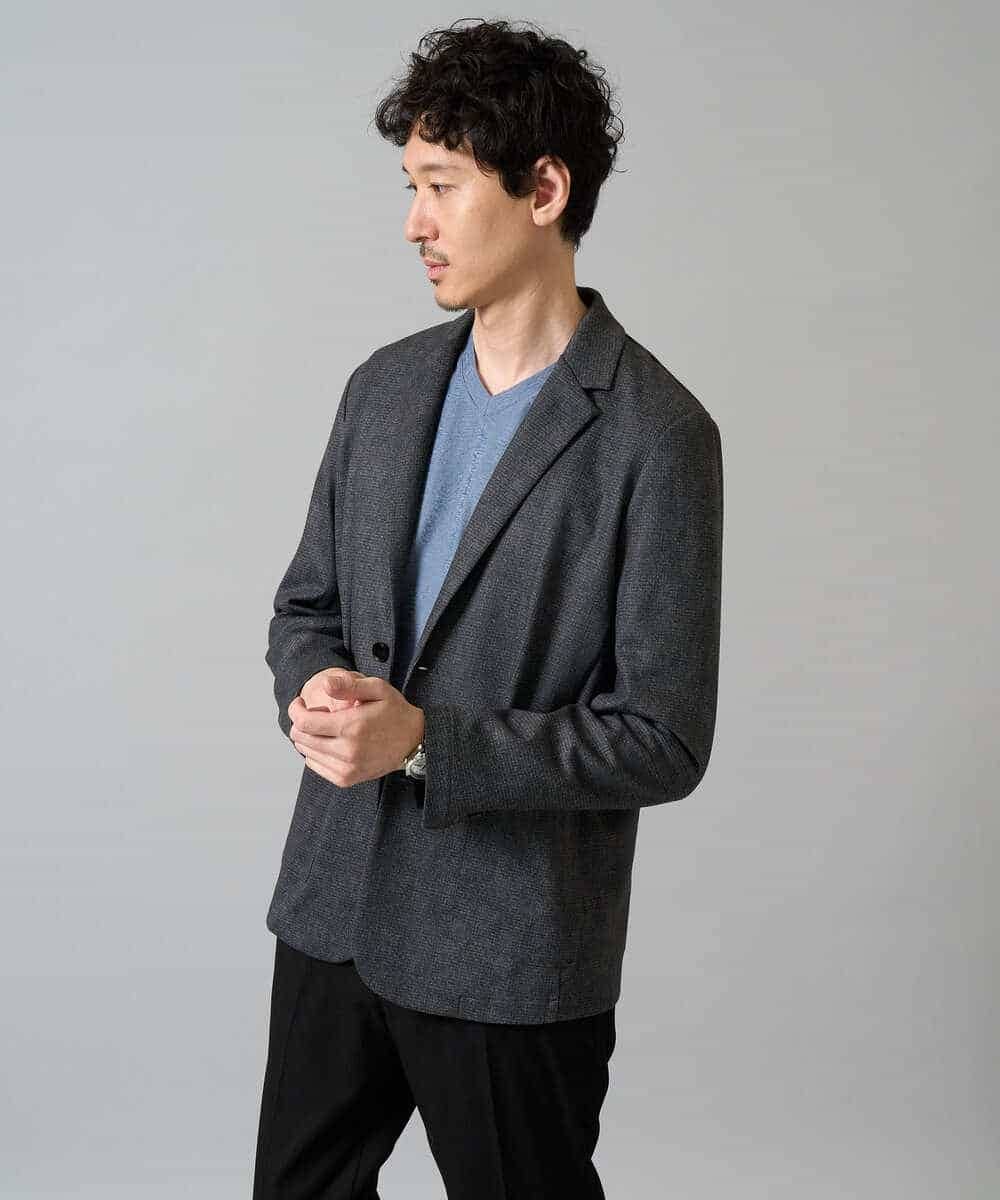 KHKJA73044 a.v.v MEN(アー・ヴェ・ヴェ) 【ジャケット映え】針抜きジャカードＶネックＴシャツ【洗濯機で洗える/毛玉になりにくい】通勤/ビジネス/ジャケット〈ON/OFF SERIES〉 ブラック