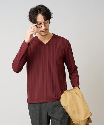 KHKJA74044  【ジャケット映え】ストライプジャガードVネックTシャツ【イージーケア/毛玉になりにくい】　通勤/ビジネス/ジャケット〈ON/OFF SERIES〉