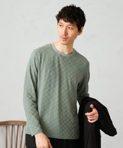 KHKJA75044  【ジャケット映えカットソー】ブロックリンクスジャカードクルーネックＴシャツ 通勤/ビジネス/ジャケット【イージーケア/毛玉になりにくい/洗濯機で洗える】〈ON/OFF SERIES〉