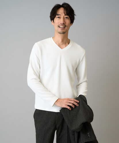 KHKLA78044  【ジャケイン可/イージーケア/洗濯機で洗える】千鳥ジャカードVネックTシャツ　通勤/ビジネス/ジャケット〈ON/OFF SERIES〉
