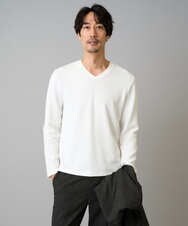 KHKLA78044 a.v.v MEN(アー・ヴェ・ヴェ) 【ジャケイン可/イージーケア/洗濯機で洗える】千鳥ジャカードVネックTシャツ　通勤/ビジネス/ジャケット〈ON/OFF SERIES〉 ブラック