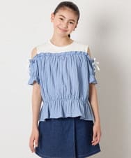 KJBGA17039 a.v.v KIDS(アー・ヴェ・ヴェ) [100-160]【セットアップも出来る】袖レースアップオフショルブラウス ブラック