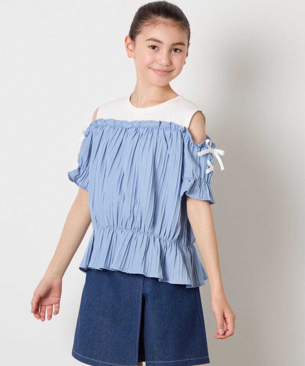 KJBGA17039 a.v.v KIDS(アー・ヴェ・ヴェ) [100-160]【セットアップも出来る】袖レースアップオフショルブラウス ブラック
