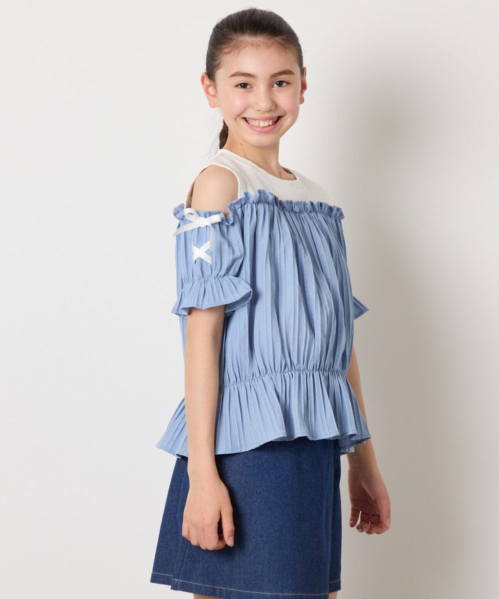 KJBGA17039 a.v.v KIDS(アー・ヴェ・ヴェ) [100-160]【セットアップも出来る】袖レースアップオフショルブラウス ブラック