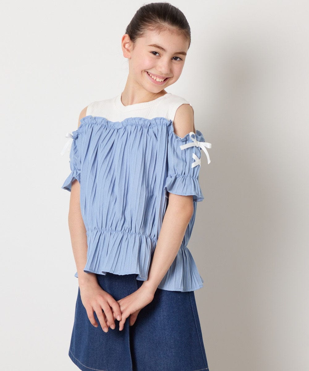 KJBGA17039 a.v.v KIDS(アー・ヴェ・ヴェ) [100-160]【セットアップも出来る】袖レースアップオフショルブラウス ブラック