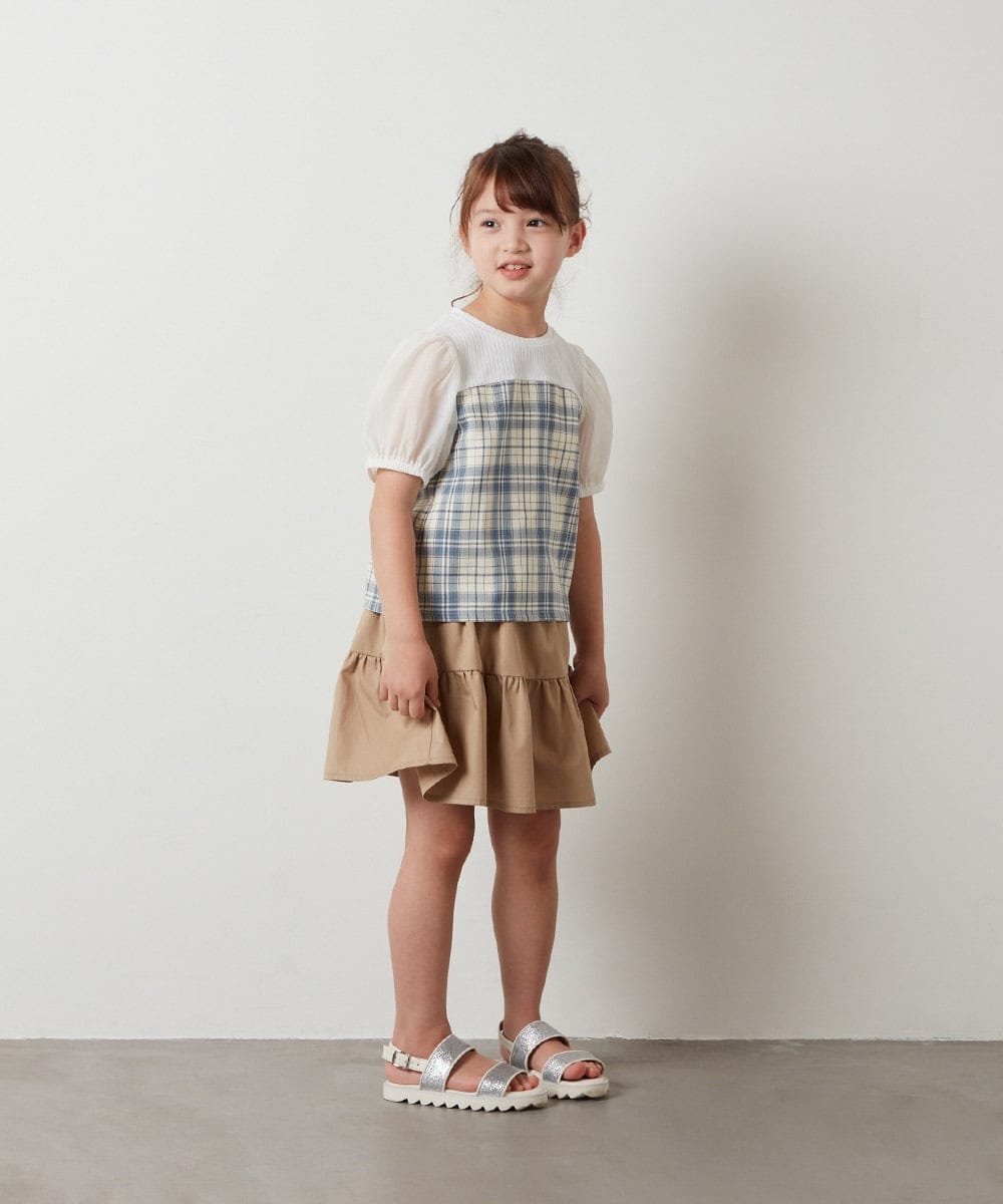 KJBHS23029 a.v.v KIDS(アー・ヴェ・ヴェ) [100-130]【セットアップ対応】シアーパフスリーブチェック柄ドッキングトップス ライトブルー