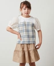 KJBHT23034 a.v.v KIDS(アー・ヴェ・ヴェ) [140-150]【セットアップ対応】シアーパフスリーブチェック柄ドッキングトップス ブラック