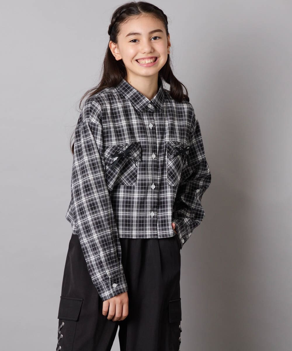 KJBJA30034 a.v.v KIDS(アー・ヴェ・ヴェ) [130-160]クロップドチェックリボンシャツ ブラック