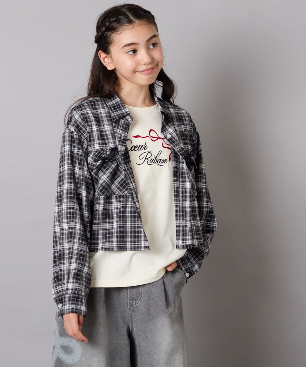 KJBJA30034 a.v.v KIDS(アー・ヴェ・ヴェ) [130-160]クロップドチェックリボンシャツ ブラック