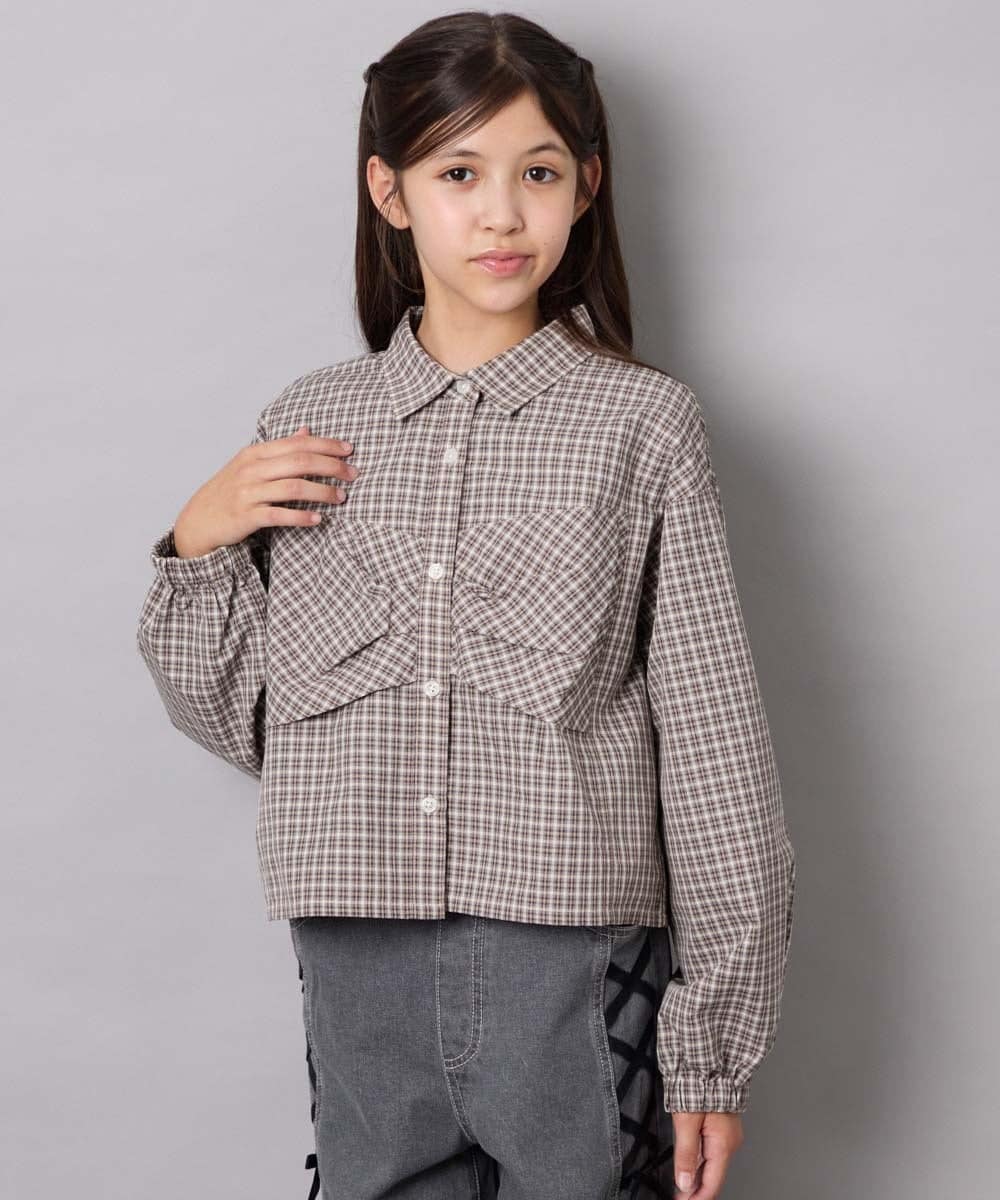 KJBJD03034 a.v.v KIDS(アー・ヴェ・ヴェ) [140-160]【ママとお揃いコーデが叶う】クロップドリボンシャツ ライトグレー