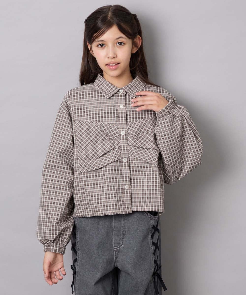 KJBJD03034 a.v.v KIDS(アー・ヴェ・ヴェ) [140-160]【ママとお揃いコーデが叶う】クロップドリボンシャツ ライトグレー