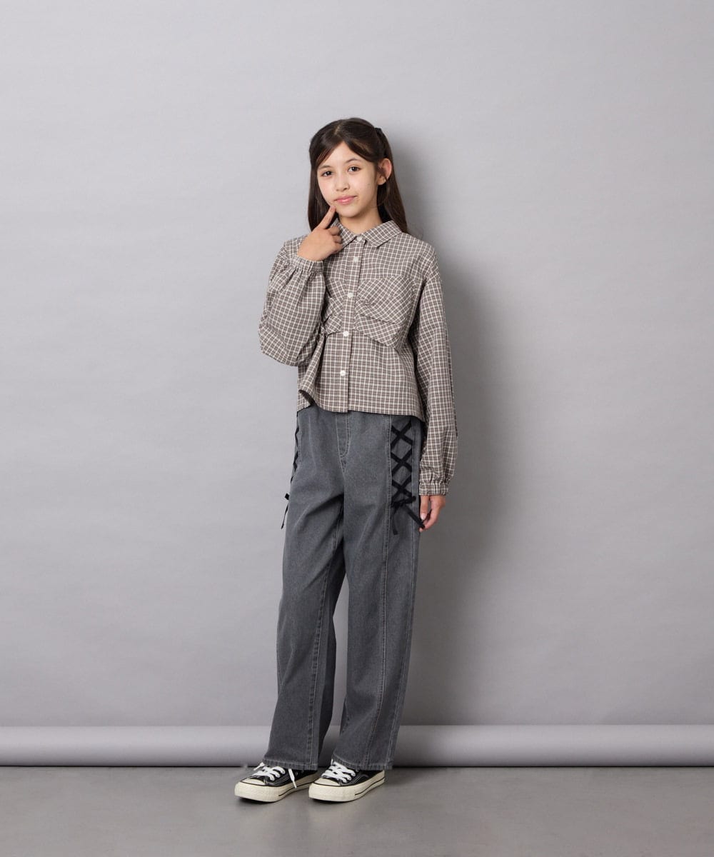 KJBJD03034 a.v.v KIDS(アー・ヴェ・ヴェ) [140-160]【ママとお揃いコーデが叶う】クロップドリボンシャツ ライトグレー
