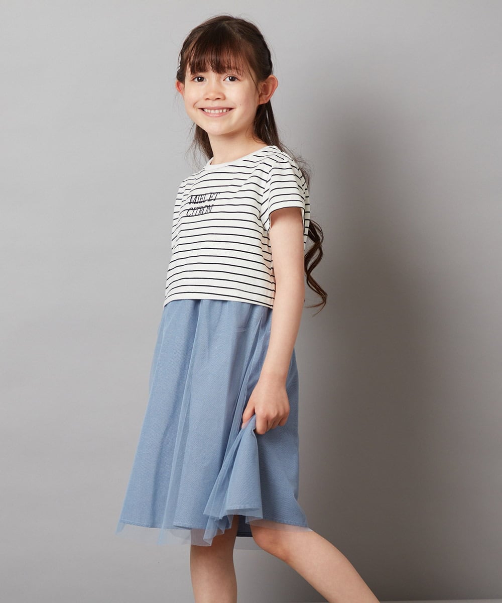 KJEGV01039 a.v.v KIDS(アー・ヴェ・ヴェ) [100-130]チュールスカートドッキングワンピース ブルー