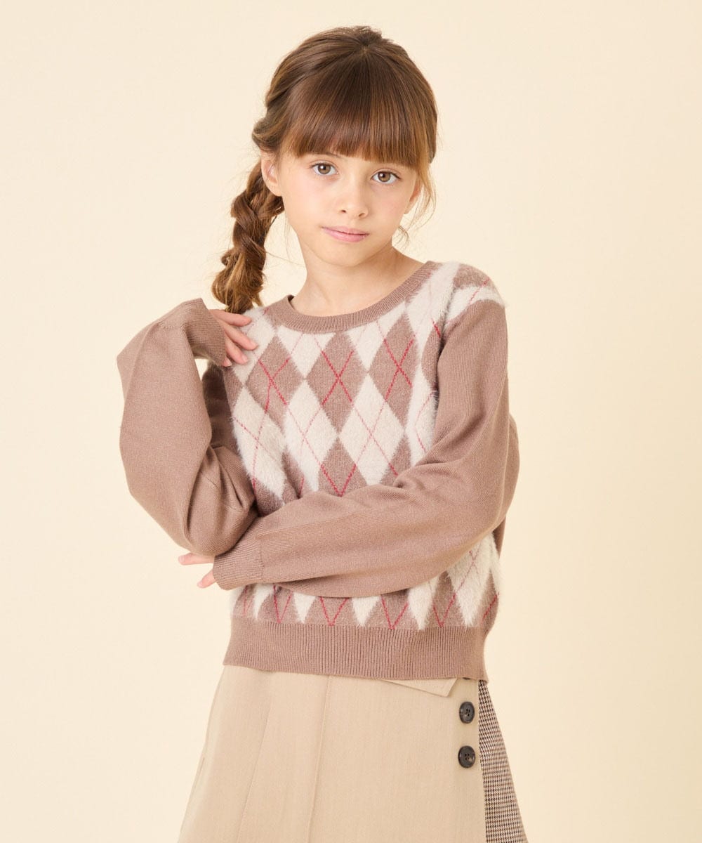KJFAG11044 a.v.v KIDS(アー・ヴェ・ヴェ) [120-150]【ママとお揃いコーデが叶う】アーガイルニット ベージュ