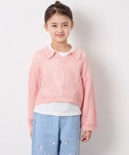 KJFED30044 a.v.v KIDS(アー・ヴェ・ヴェ) [120-160][ママとお揃いコーデが叶う]襟付きメッシュニットレイヤードトップス コーラルピンク