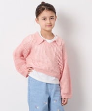 KJFED30044 a.v.v KIDS(アー・ヴェ・ヴェ) [120-160][ママとお揃いコーデが叶う]襟付きメッシュニットレイヤードトップス コーラルピンク