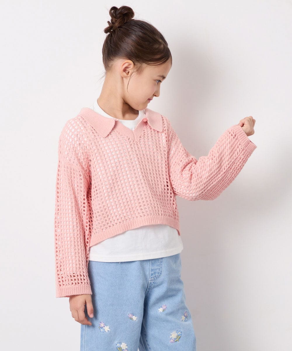 KJFED30044 a.v.v KIDS(アー・ヴェ・ヴェ) [120-160][ママとお揃いコーデが叶う]襟付きメッシュニットレイヤードトップス コーラルピンク