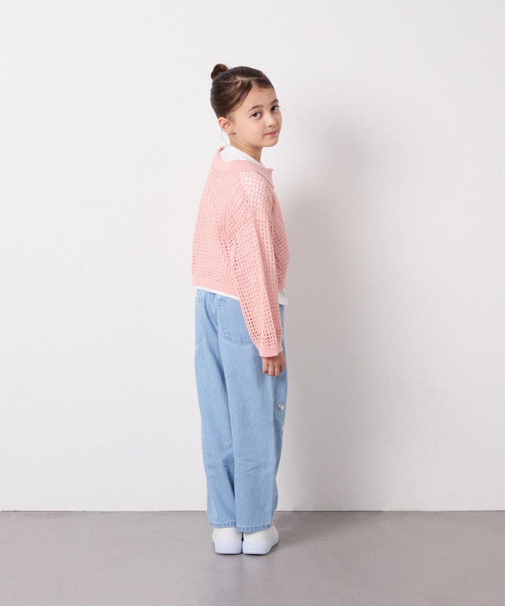 KJFED30044 a.v.v KIDS(アー・ヴェ・ヴェ) [120-160][ママとお揃いコーデが叶う]襟付きメッシュニットレイヤードトップス コーラルピンク