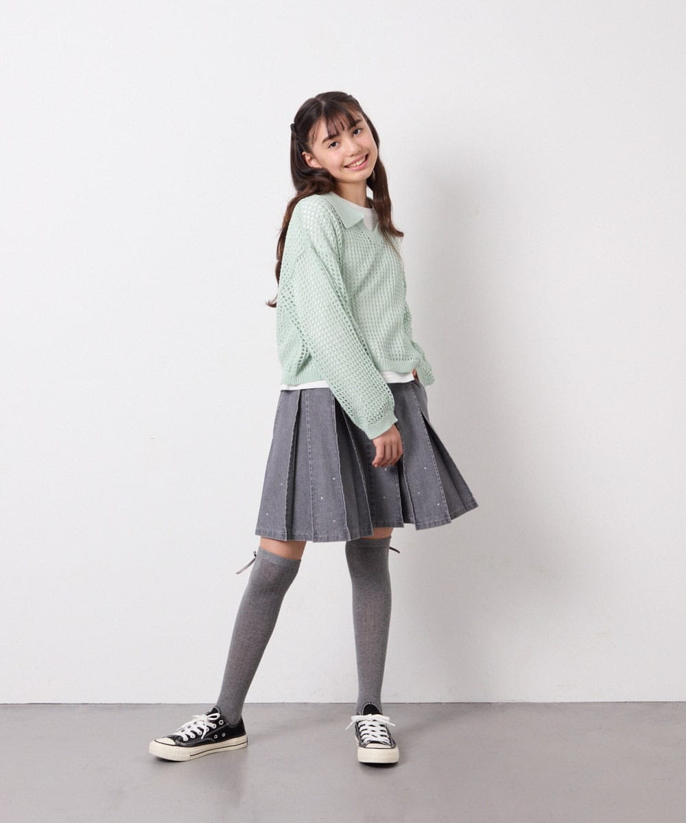 KJFED30044 a.v.v KIDS(アー・ヴェ・ヴェ) [120-160][ママとお揃いコーデが叶う]襟付きメッシュニットレイヤードトップス グリーン