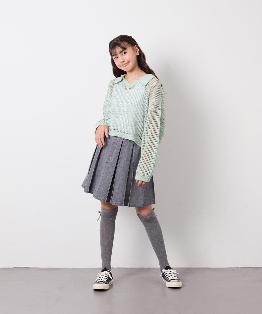 KJFED30044 a.v.v KIDS(アー・ヴェ・ヴェ) [120-160][ママとお揃いコーデが叶う]襟付きメッシュニットレイヤードトップス グリーン