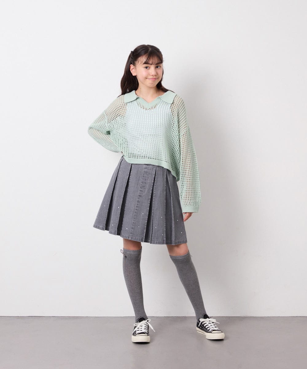 KJFED30044 a.v.v KIDS(アー・ヴェ・ヴェ) [120-160][ママとお揃いコーデが叶う]襟付きメッシュニットレイヤードトップス グリーン