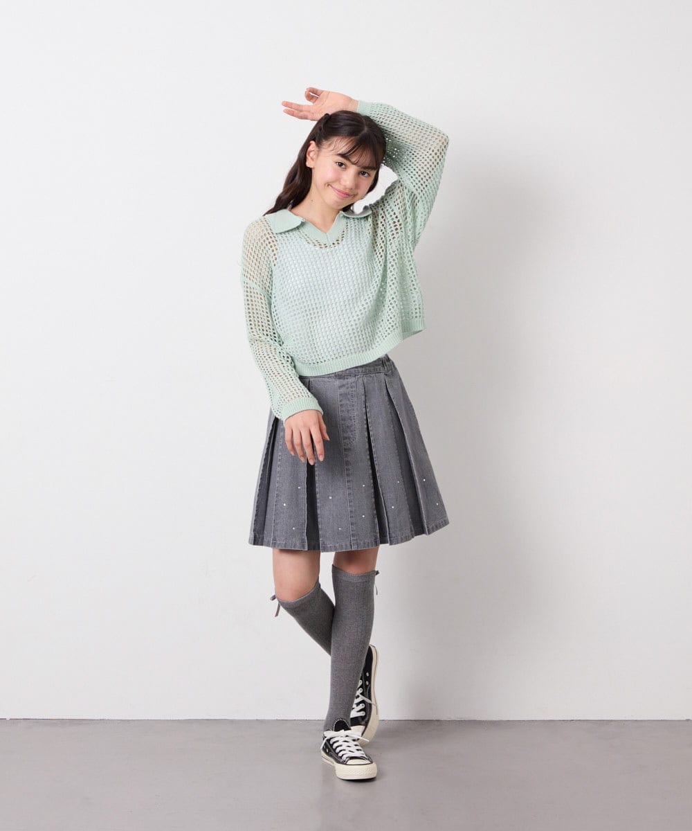 KJFED30044 a.v.v KIDS(アー・ヴェ・ヴェ) [120-160][ママとお揃いコーデが叶う]襟付きメッシュニットレイヤードトップス グリーン