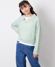 KJFED30044 a.v.v KIDS(アー・ヴェ・ヴェ) [120-160][ママとお揃いコーデが叶う]襟付きメッシュニットレイヤードトップス グリーン