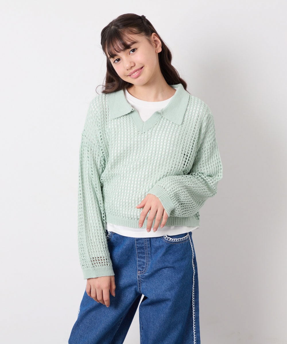KJFED30044 a.v.v KIDS(アー・ヴェ・ヴェ) [120-160][ママとお揃いコーデが叶う]襟付きメッシュニットレイヤードトップス グリーン