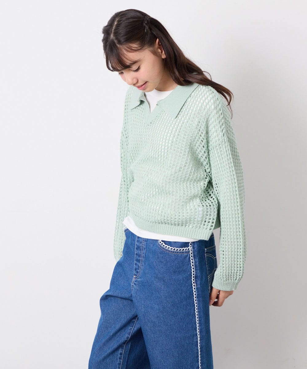 KJFED30044 a.v.v KIDS(アー・ヴェ・ヴェ) [120-160][ママとお揃いコーデが叶う]襟付きメッシュニットレイヤードトップス グリーン