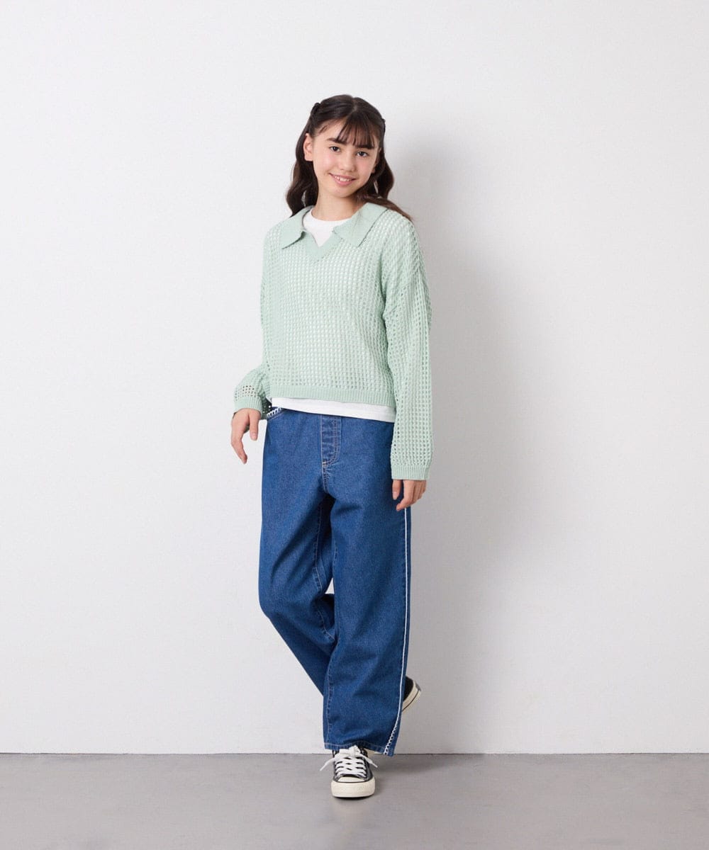 KJFED30044 a.v.v KIDS(アー・ヴェ・ヴェ) [120-160][ママとお揃いコーデが叶う]襟付きメッシュニットレイヤードトップス グリーン