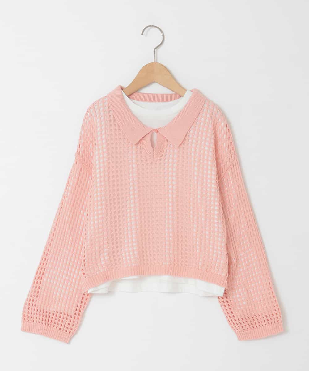 KJFED30044 a.v.v KIDS(アー・ヴェ・ヴェ) [120-160][ママとお揃いコーデが叶う]襟付きメッシュニットレイヤードトップス コーラルピンク