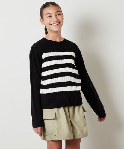 KJFLS61029 a.v.v KIDS [100-130]【残りわずか】ケーブル編みボーダーニット