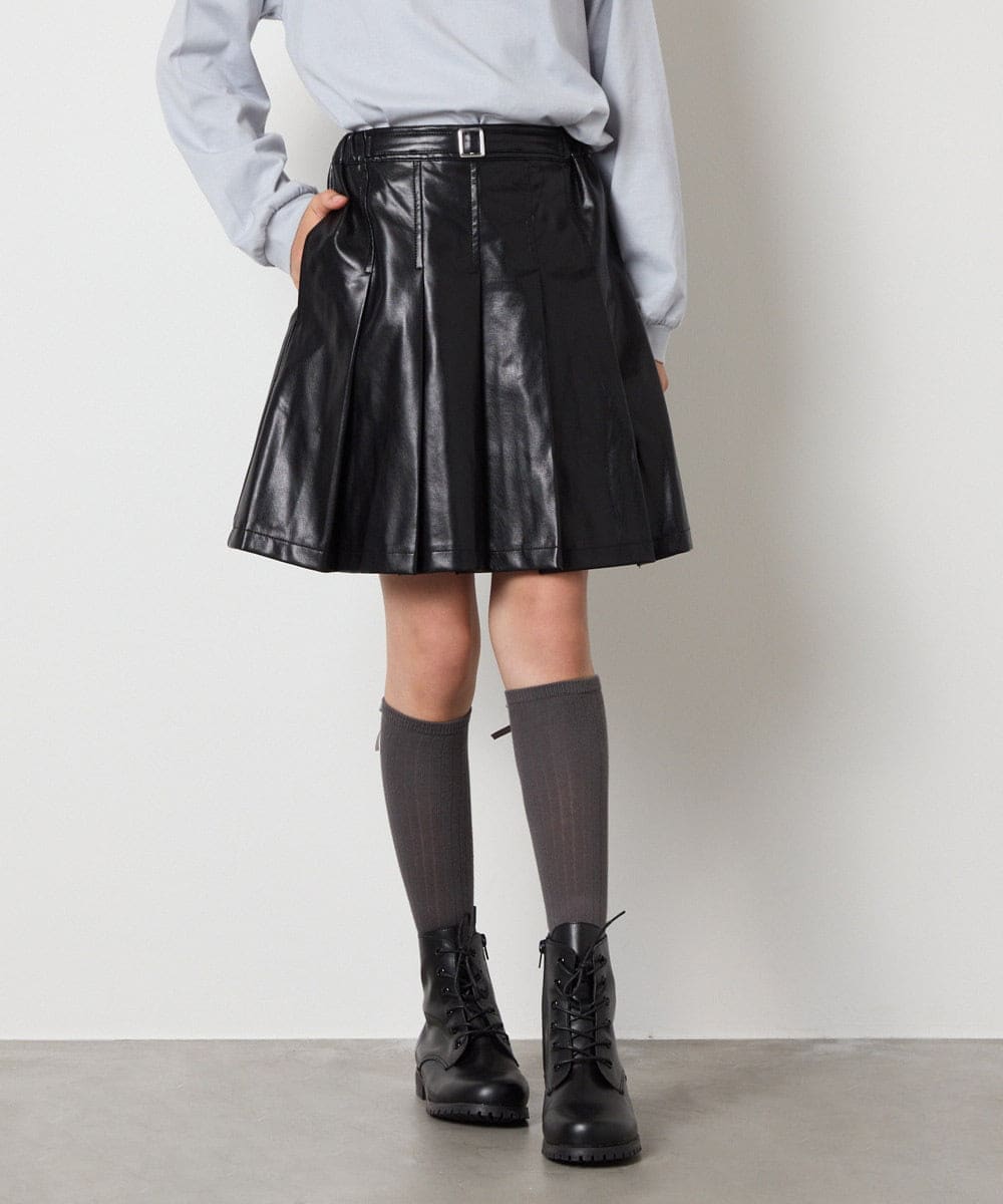 KJHAD30039 a.v.v KIDS(アー・ヴェ・ヴェ) [120-160]フェイクレザープリーツスカート ブラック