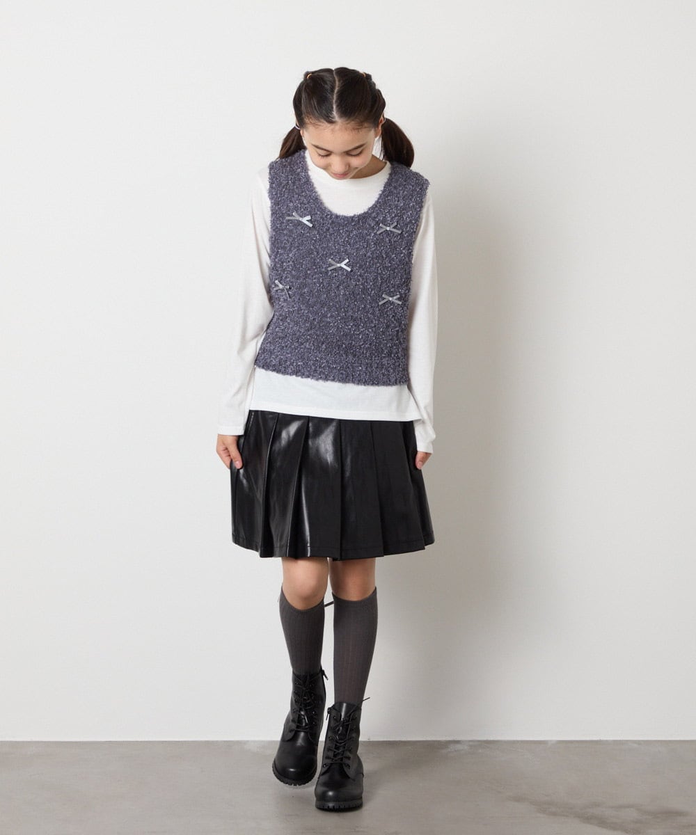 KJHAD30039 a.v.v KIDS(アー・ヴェ・ヴェ) [120-160]フェイクレザープリーツスカート ブラック