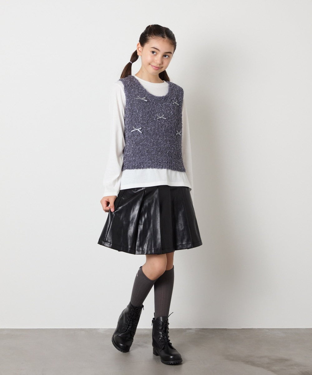 KJHAD30039 a.v.v KIDS(アー・ヴェ・ヴェ) [120-160]フェイクレザープリーツスカート ブラック