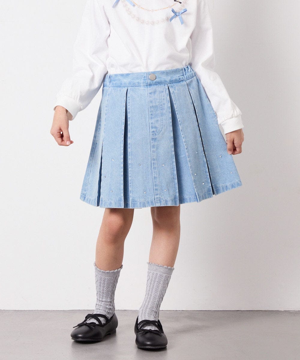KJHFD30039 a.v.v KIDS(アー・ヴェ・ヴェ) [120-160]ビジューデニムプリーツスカート ライトブルー