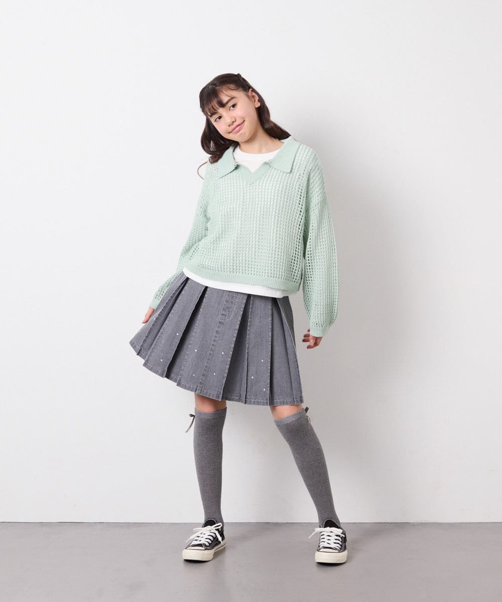 KJHFD30039 a.v.v KIDS(アー・ヴェ・ヴェ) [120-160]ビジューデニムプリーツスカート ライトグレー