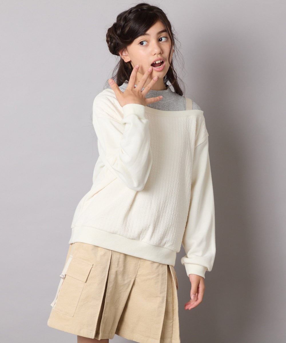 KJKAD03039 a.v.v KIDS(アー・ヴェ・ヴェ) [120-160]【アシンメトリー/オフショル】ポコポコレイヤード風トレーナー アイボリー