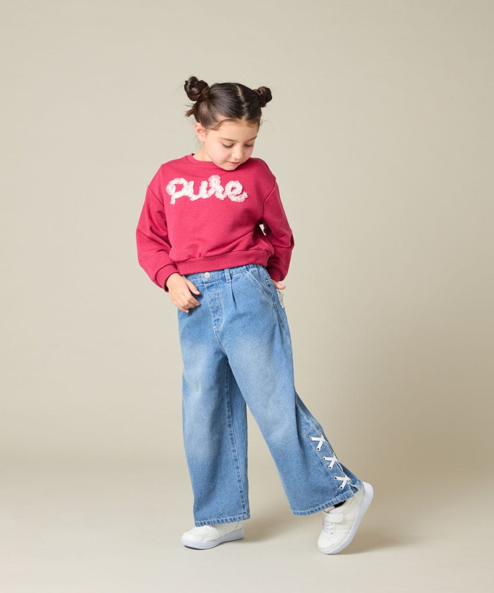 KJKAD49018 a.v.v KIDS(アー・ヴェ・ヴェ) [100-160]【WEB限定商品/チュールフリル/クロップド丈】チュールロゴトレーナー ピンク