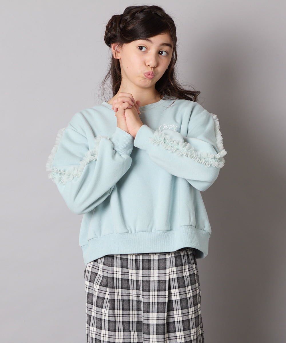 KJKAD50022 a.v.v KIDS(アー・ヴェ・ヴェ) [100-160]【WEB限定商品/裏起毛/チュールフリル/ワンポイント刺繍/クロップド丈】チュールスリーブクロップドトレーナー グリーン