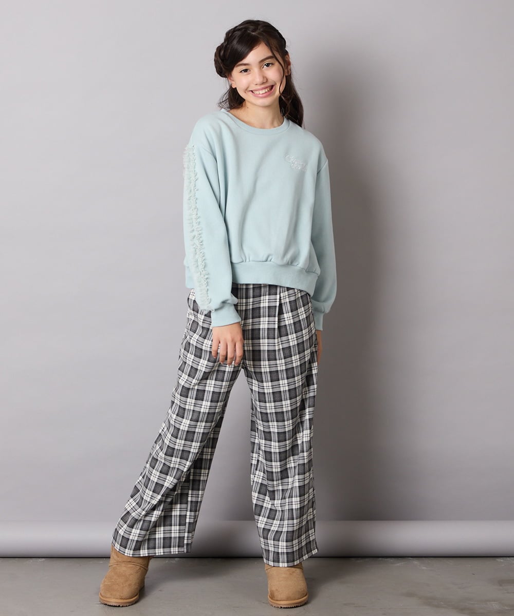 KJKAD50022 a.v.v KIDS(アー・ヴェ・ヴェ) [100-160]【WEB限定商品/裏起毛/チュールフリル/ワンポイント刺繍/クロップド丈】チュールスリーブクロップドトレーナー ダークグレー