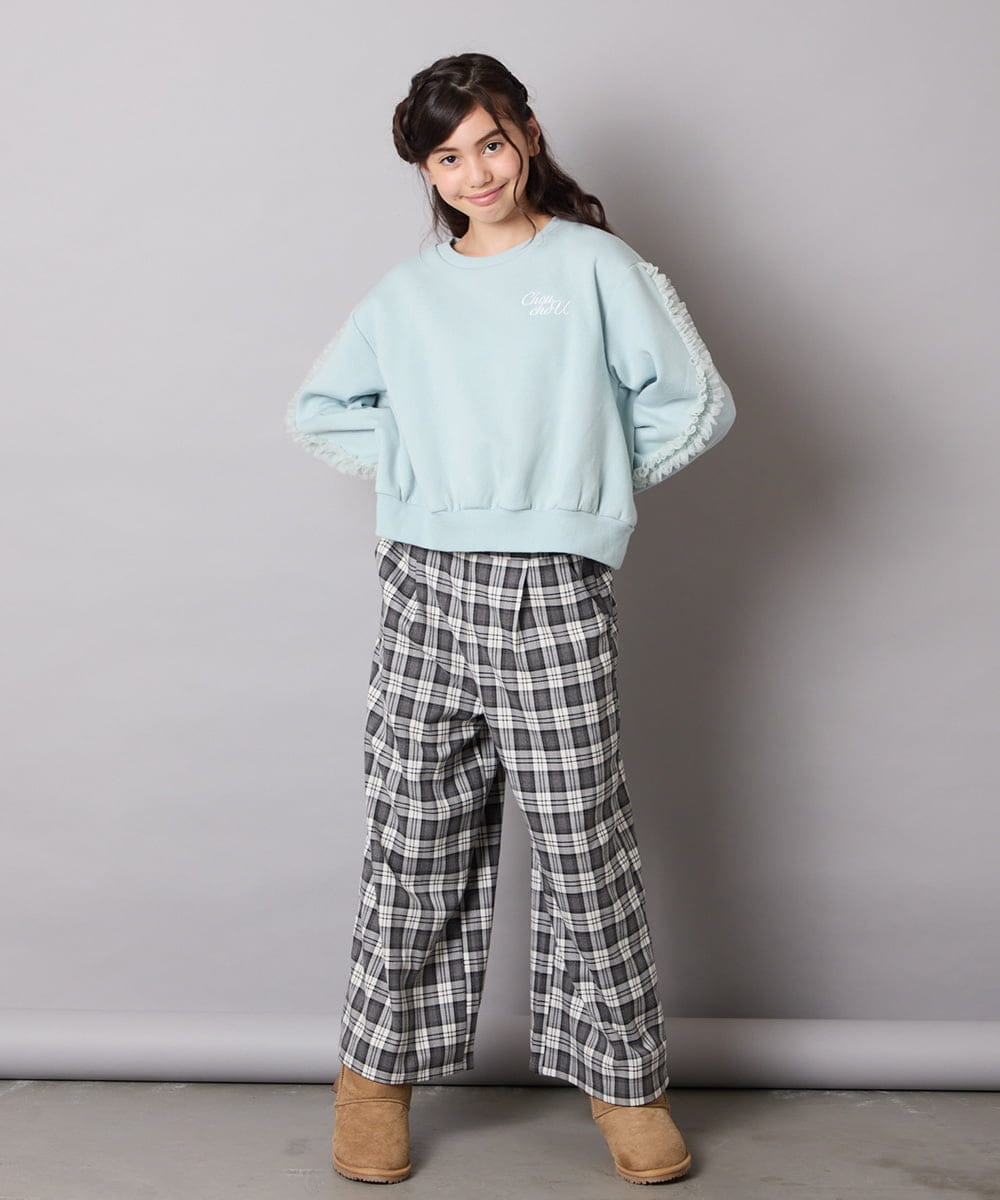 KJKAD50022 a.v.v KIDS(アー・ヴェ・ヴェ) [100-160]【WEB限定商品/裏起毛/チュールフリル/ワンポイント刺繍/クロップド丈】チュールスリーブクロップドトレーナー ダークグレー