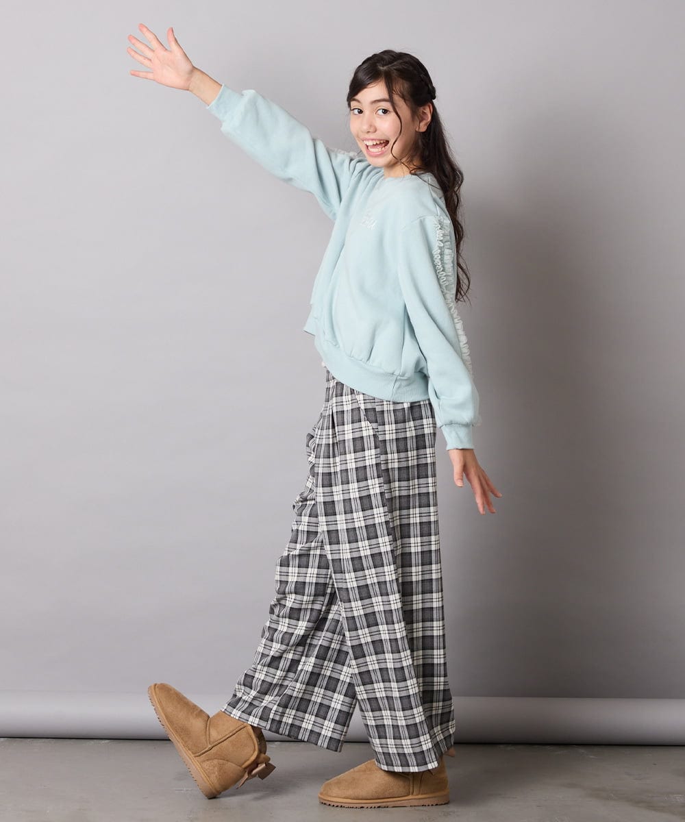KJKAD50022 a.v.v KIDS(アー・ヴェ・ヴェ) [100-160]【WEB限定商品/裏起毛/チュールフリル/ワンポイント刺繍/クロップド丈】チュールスリーブクロップドトレーナー ダークグレー