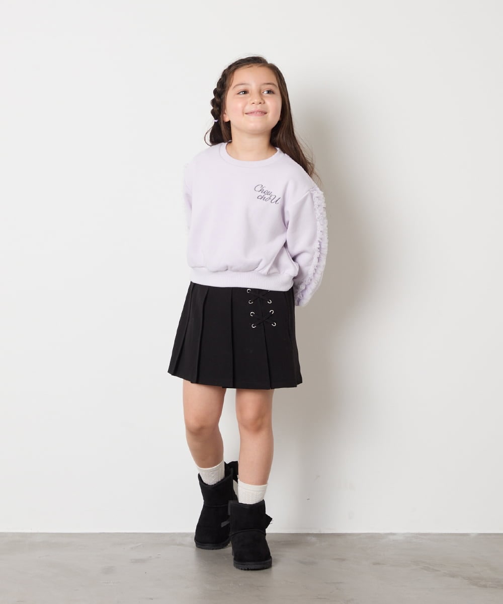 KJKAD50022 a.v.v KIDS(アー・ヴェ・ヴェ) [100-160]【WEB限定商品/裏起毛/チュールフリル/ワンポイント刺繍/クロップド丈】チュールスリーブクロップドトレーナー ダークグレー