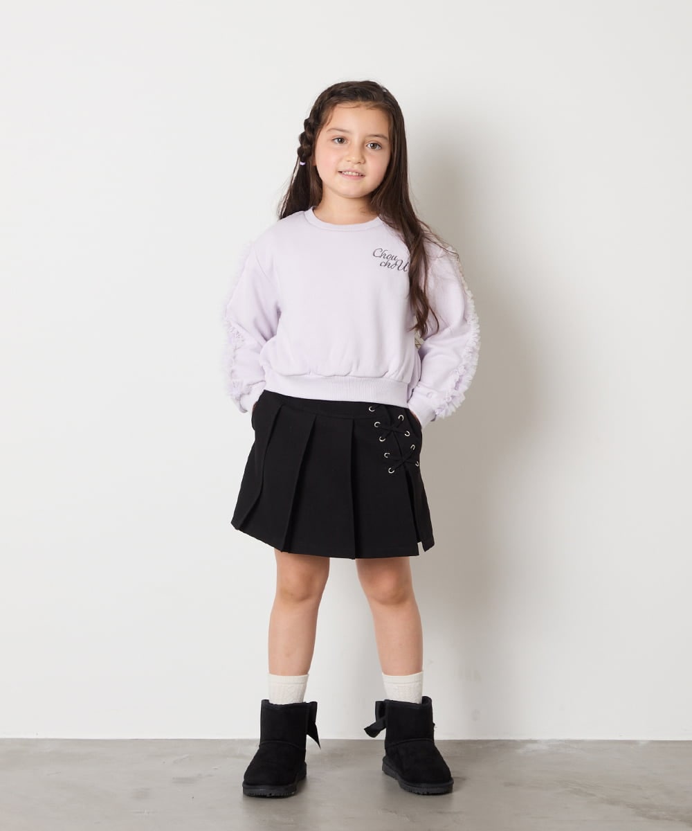 KJKAD50022 a.v.v KIDS(アー・ヴェ・ヴェ) [100-160]【WEB限定商品/裏起毛/チュールフリル/ワンポイント刺繍/クロップド丈】チュールスリーブクロップドトレーナー ダークグレー